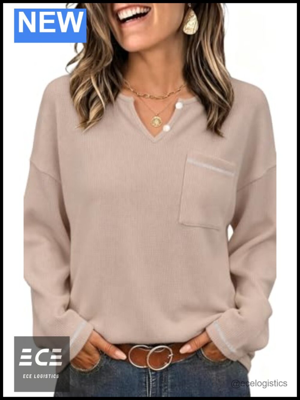 Waffle Knit Long Sleeve Tunic Top Relaxed V-Neck Button